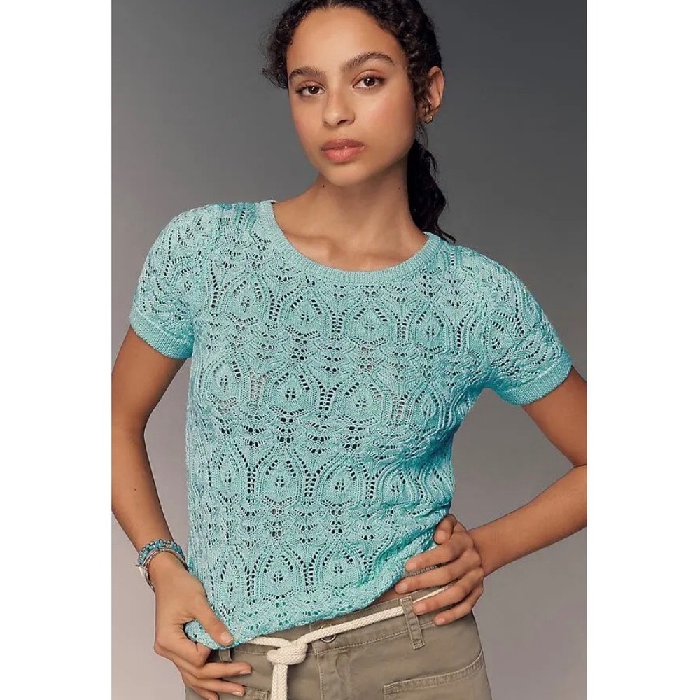 Anthropologie Mint Greenโ Pointelle Eyelet Knit Short Sleeve Keyhole Top 2X